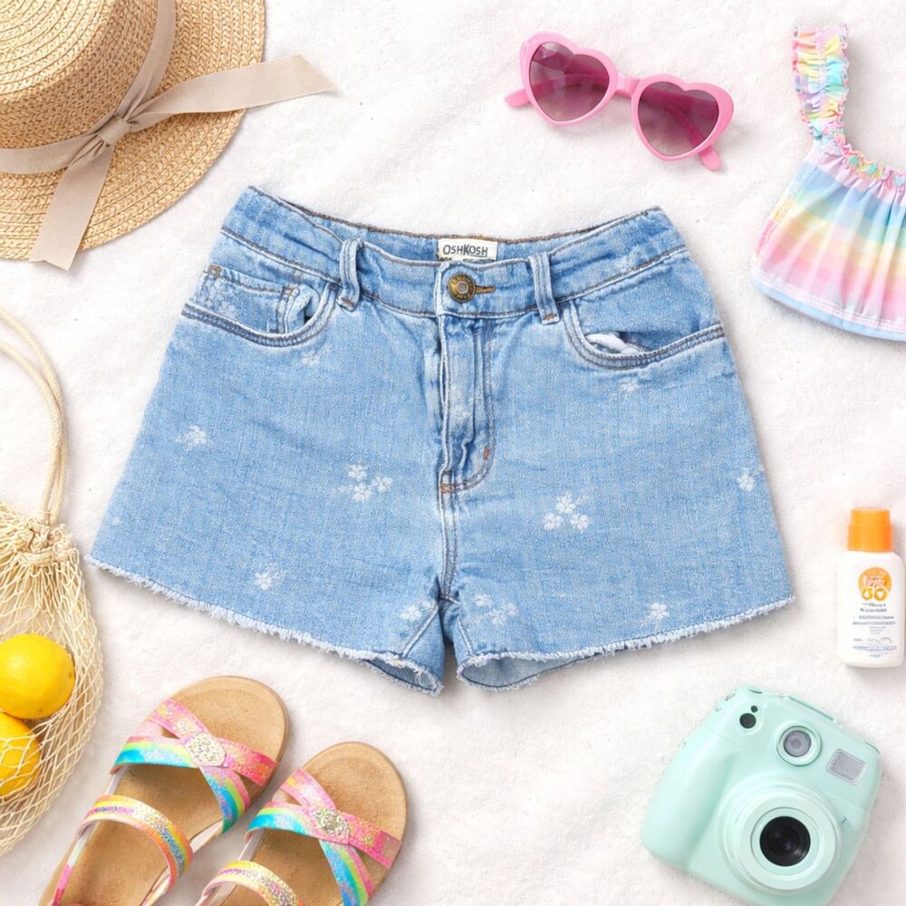 OshKosh Kids Denim Shorts Size 7 Light Wash Floral Print Frayed Hem Summer (16m)